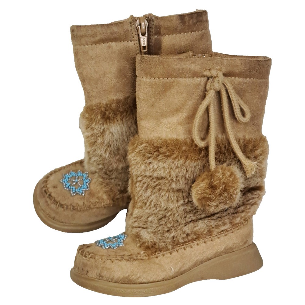 Smartfit Moccasin Boots Girls 7.5 Tan Beaded Pom Poms Bow